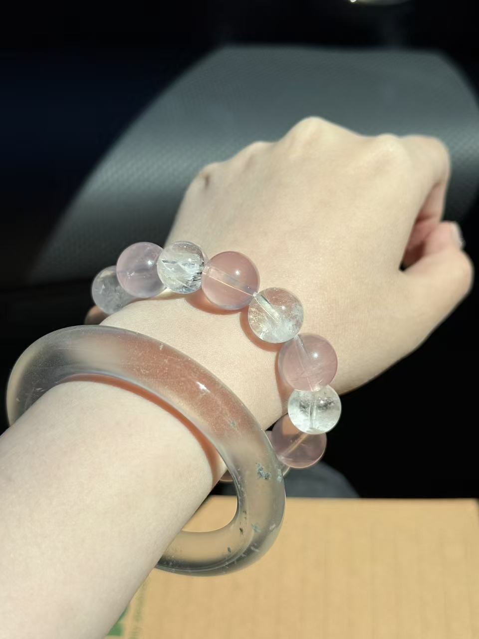 Natural Snowflake White Phantom & Rose Quartz Beaded Bracelet