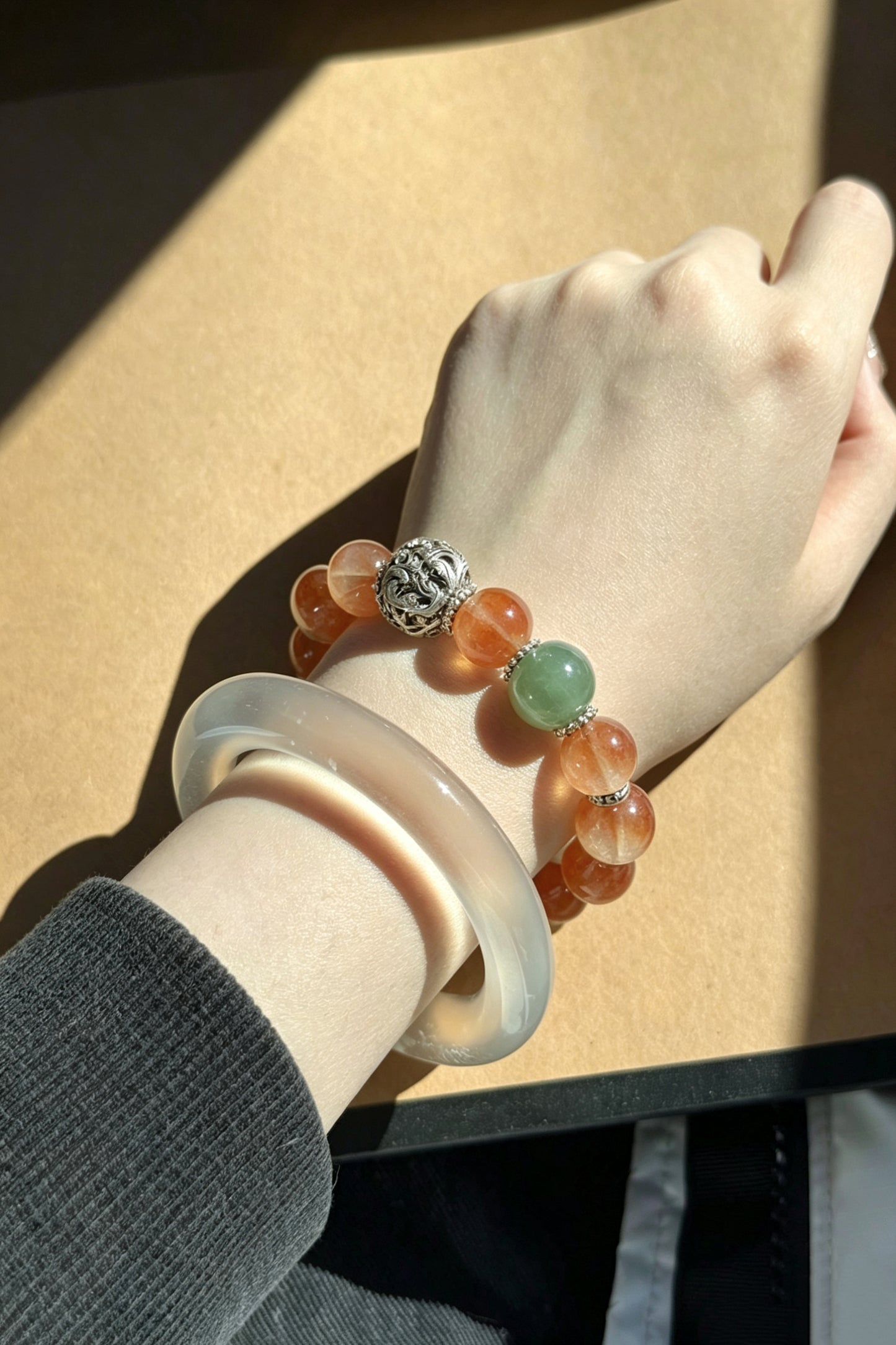 Natural Red Hematoid Quartz, Fluorite & Phantom Quartz Beaded Bracelet with 925 Sterling Silver Charm