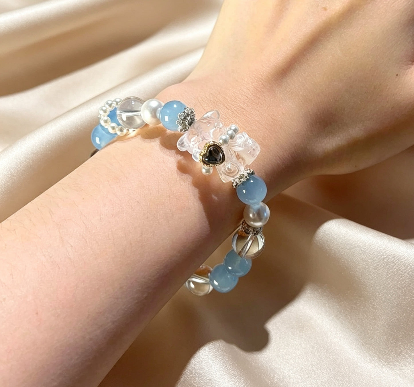 Natural Aquamarine & Clear Quartz Teddy Bear Crystal Bracelet