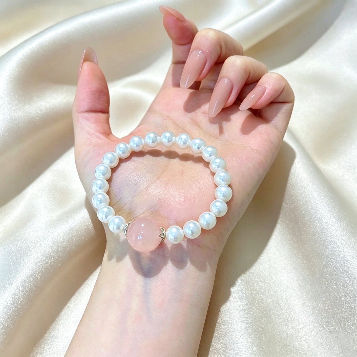 Natural Rose Quartz & Pearl Beaded Bracelet