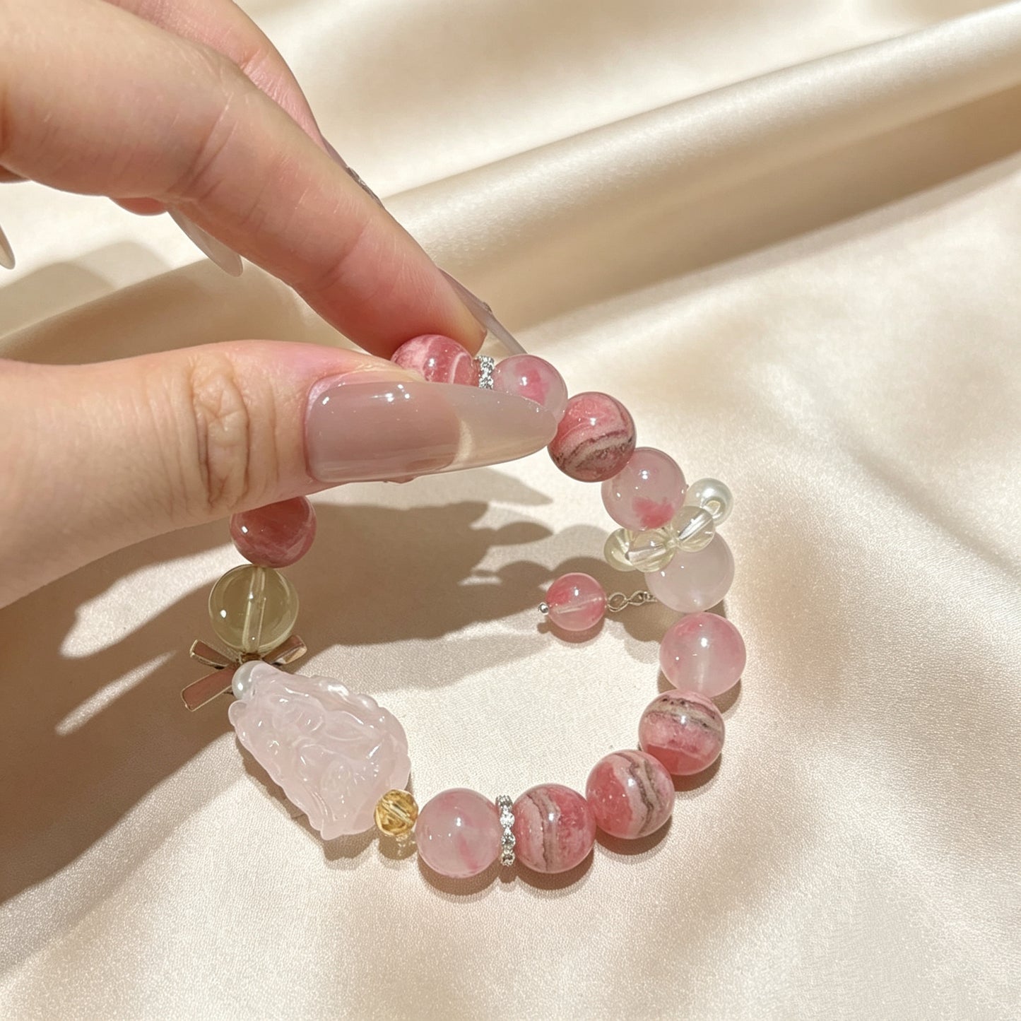 Natural Rhodochrosite, Rhodonite & Rose Quartz Crystal Bracelet with Fox Charm