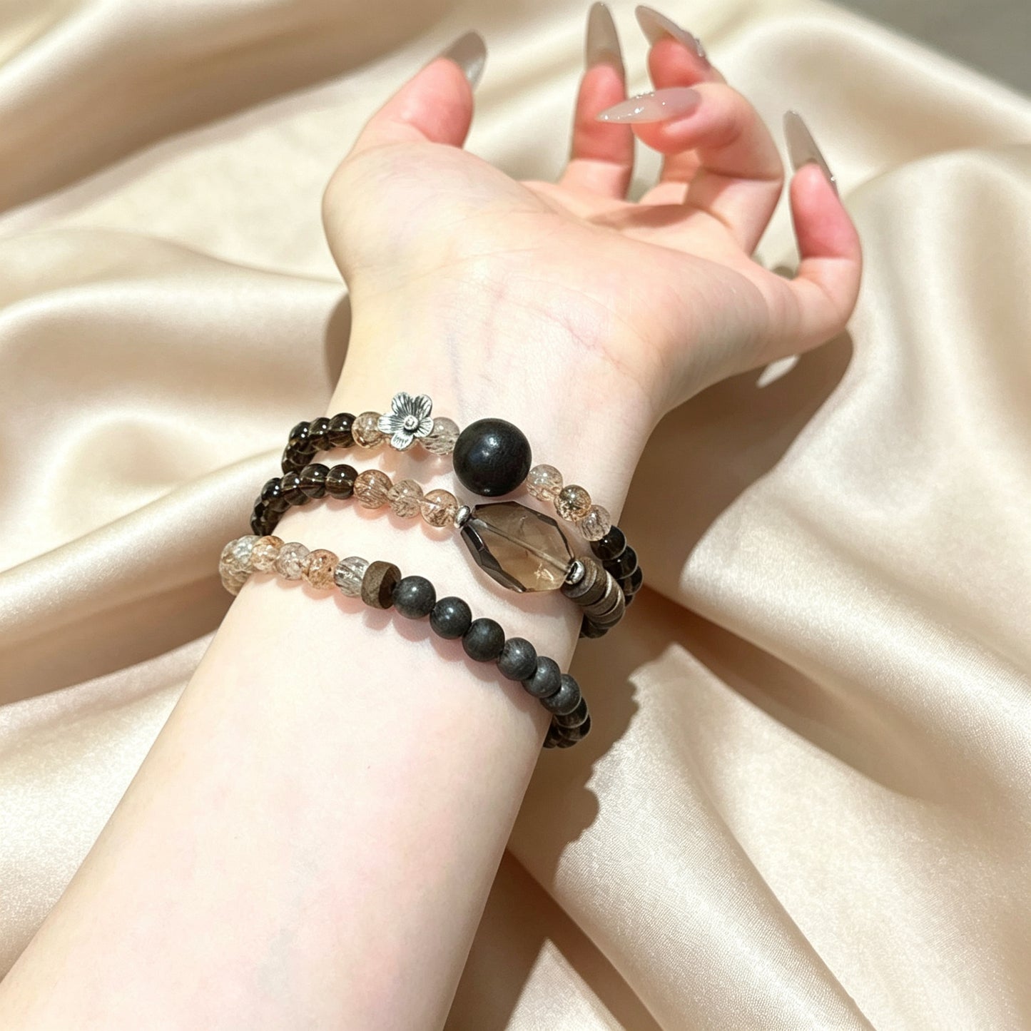 Natural Smoky Quartz, Super Seven & Agarwood Beaded Bracelet