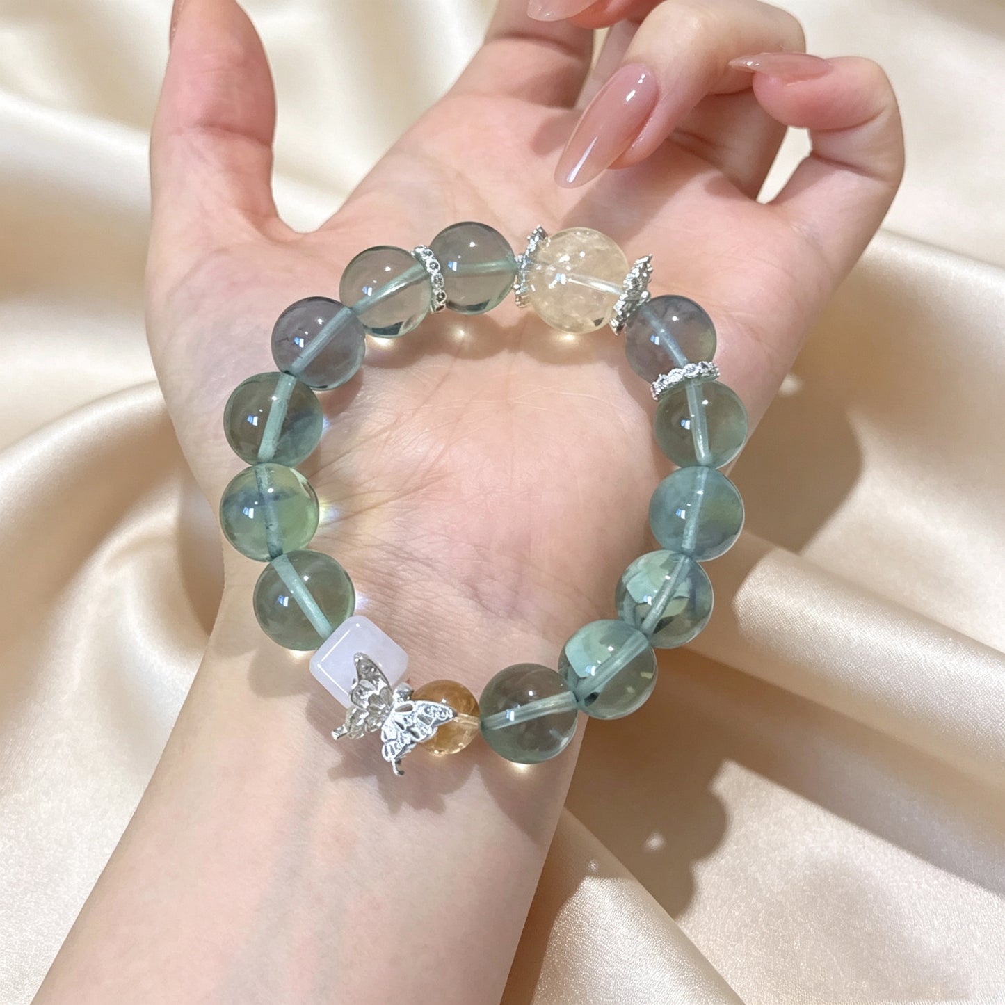 Natural Green Fluorite, Citrine & Rose Quartz Crystal Bracelet with Butterfly Charm