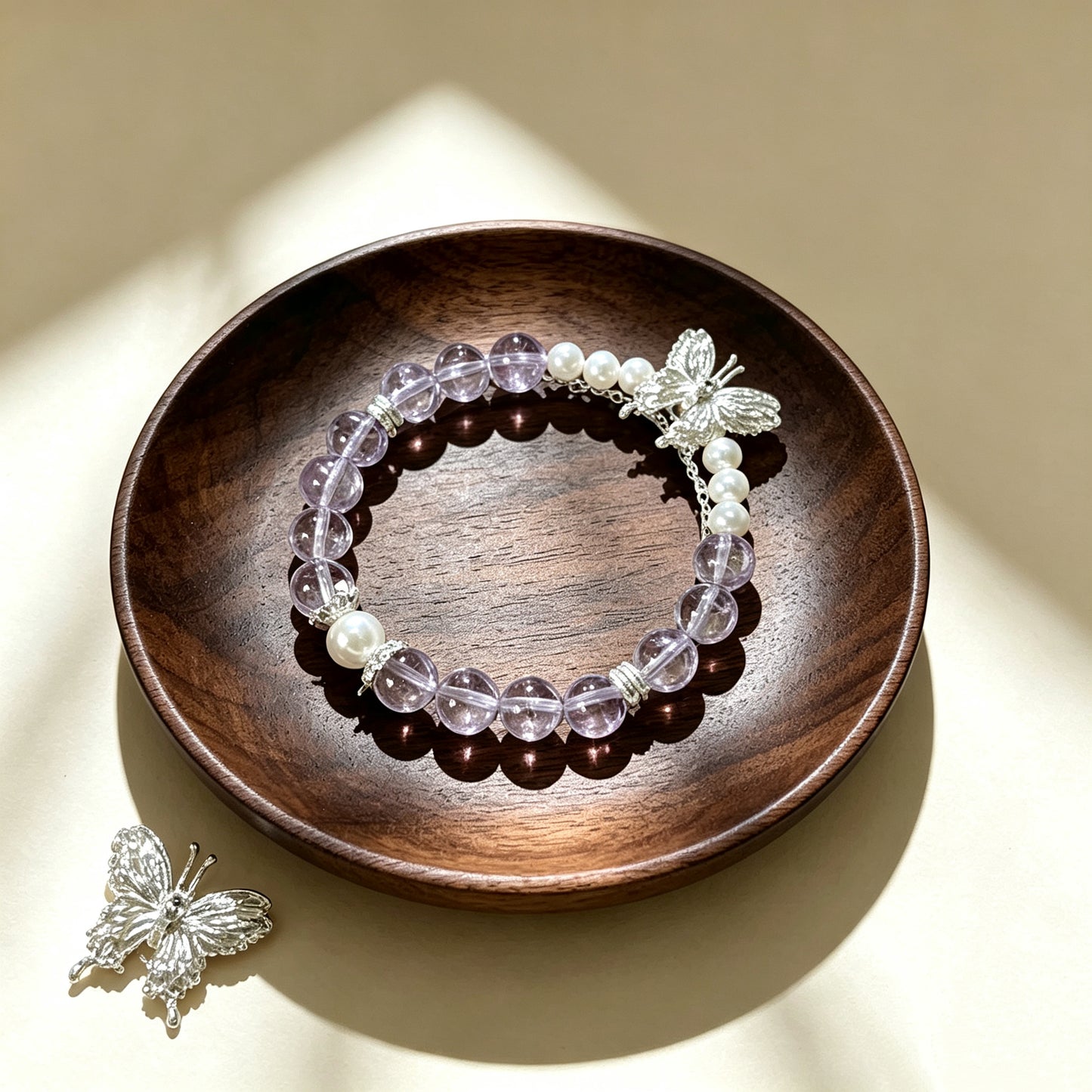 Natural Amethyst & Pearl Beaded Bracelet with 925 Sterling Silver Butterfly Charm