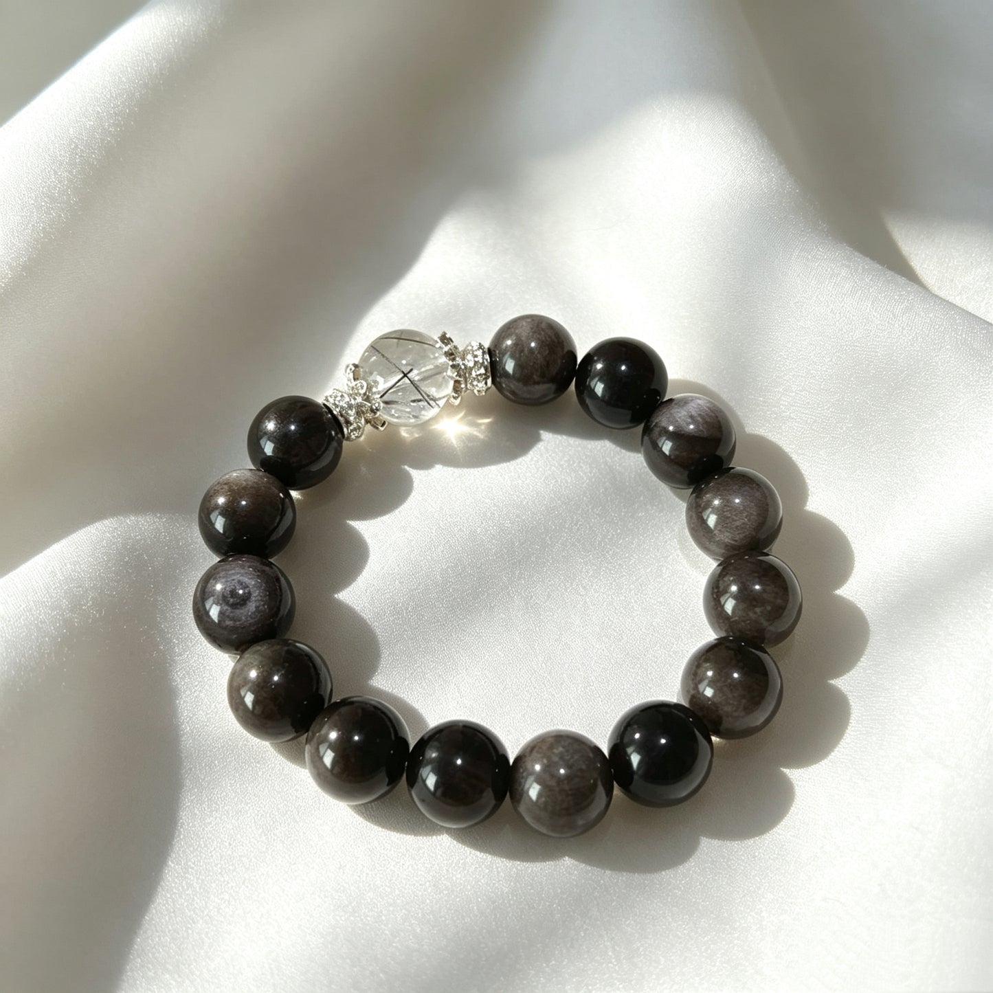 Natural Silver Obsidian & Black Rutilated Quartz Beaded Bracelet with 925 Sterling Silver Charm