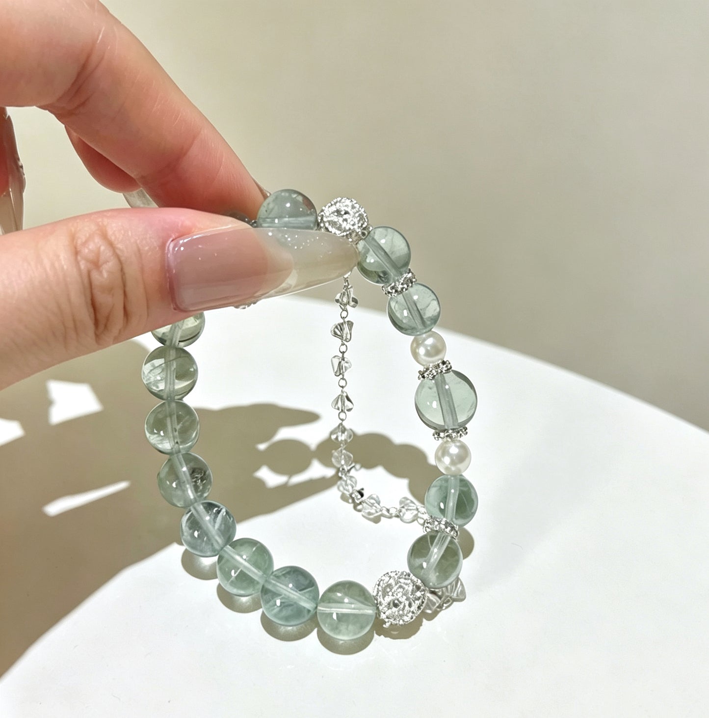 Natural Green Fluorite & Freshwater Pearl Beaded Bracelet with 925 Sterling Silver Charm