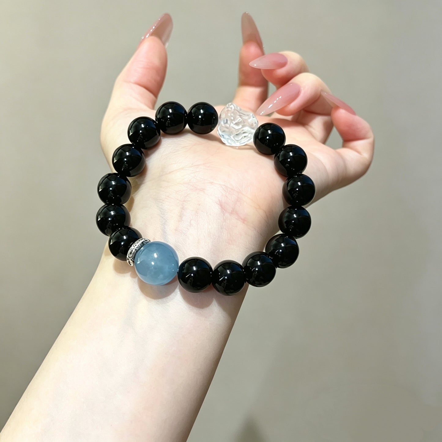 Natural Obsidian, Aquamarine & Clear Quartz Beaded Bracelet with Lion Charm