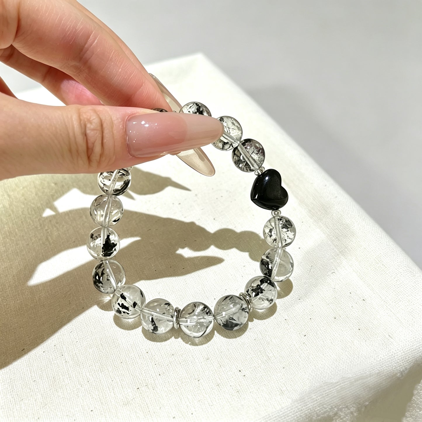 Natural Herkimer Diamond & Silver Obsidian Heart Beaded Bracelet | Healing Crystal Jewelry for Protection & Positive Energy