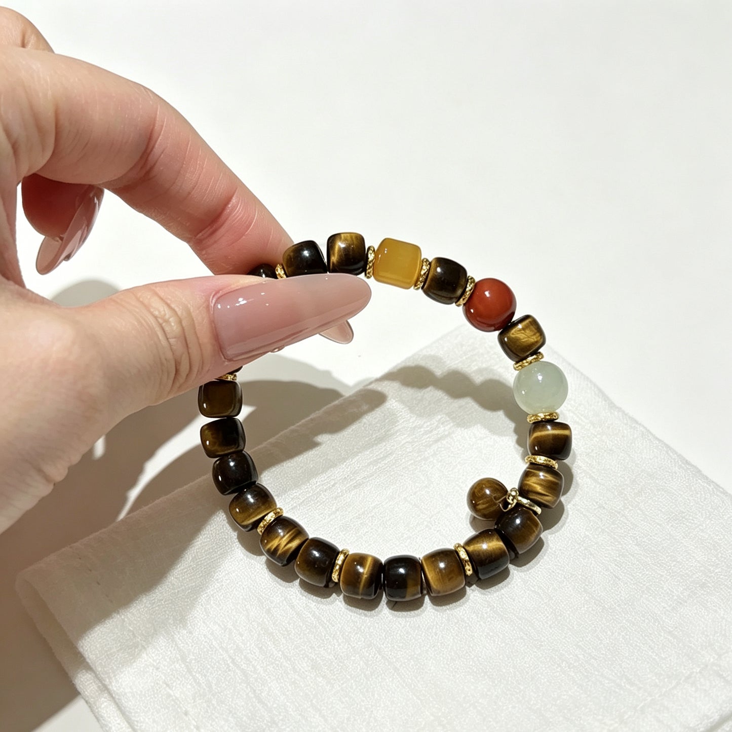 Natural Tiger's Eye, Red Agate & Green Garnet Beaded Bracelet, Protection Courage Healing Crystal Jewelry for Men & Women