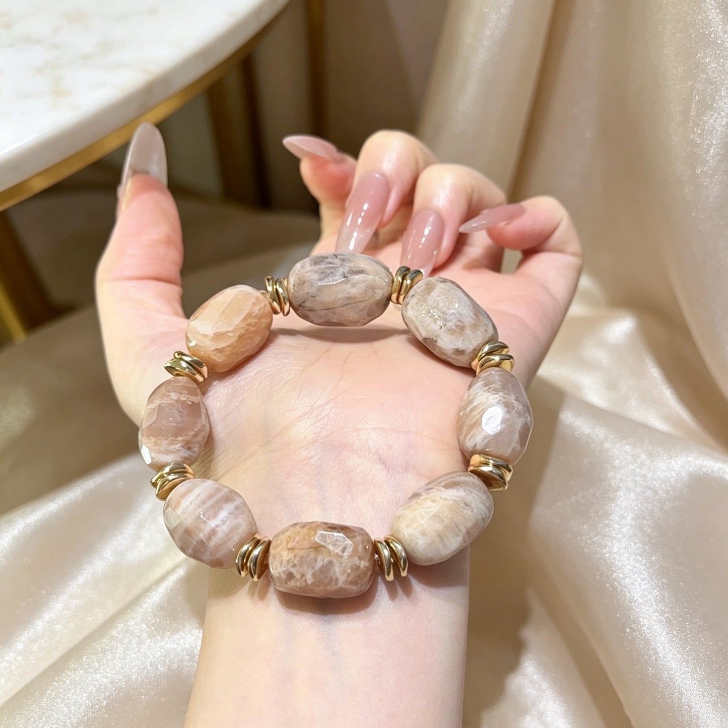 Natural Sunstone Freeform Beaded Bracelet | Gold Accent Energy