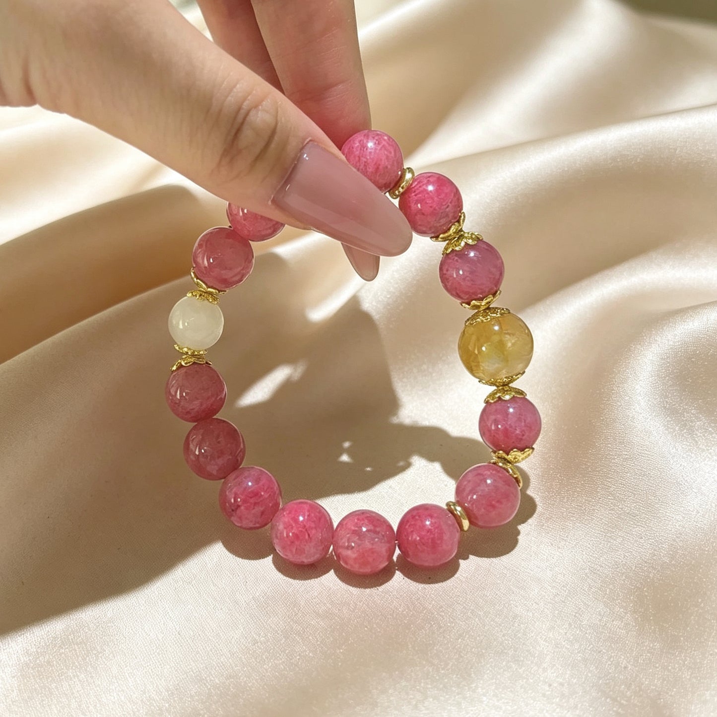 Natural Rhodonite, Yellow Hematoid Quartz & Moonstone Crystal Bracelet