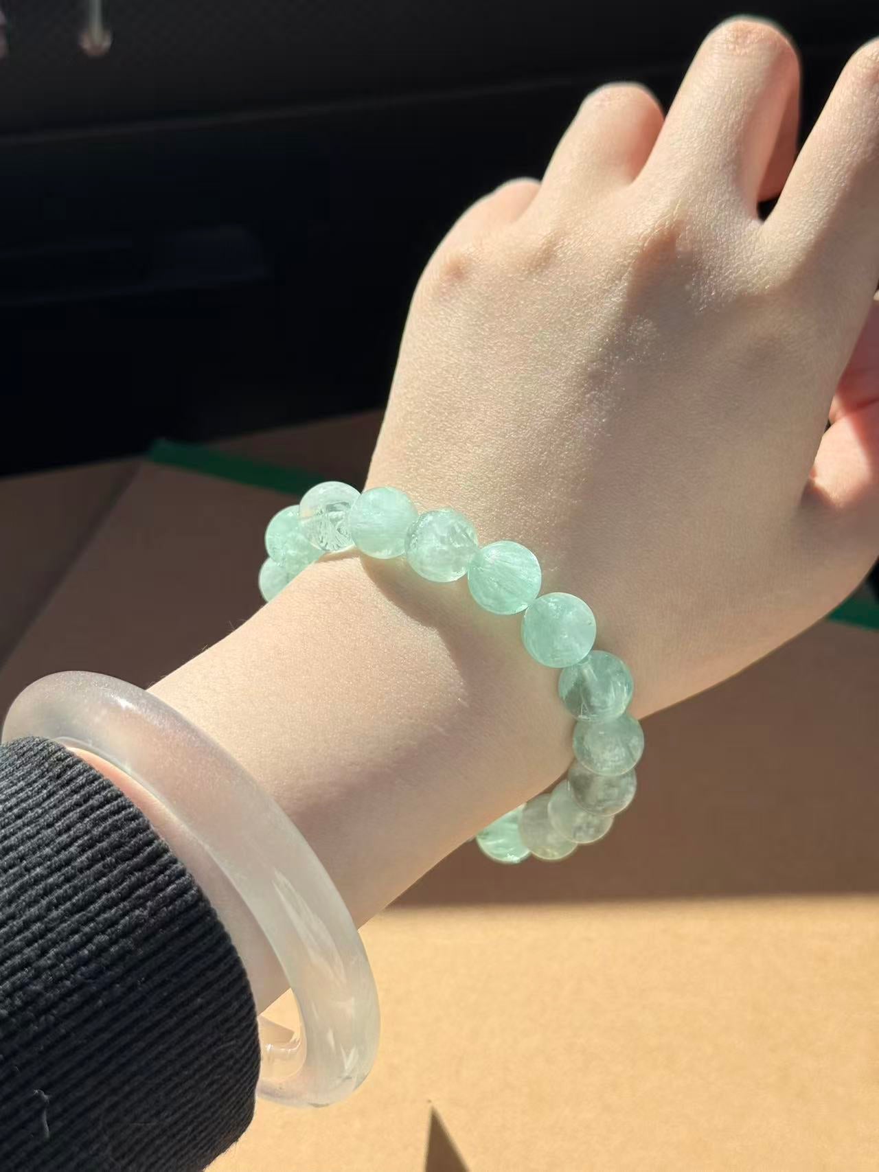 Aqua Feather Fluorite Beaded Bracelet | Natural Crystal | Healing & Clarity