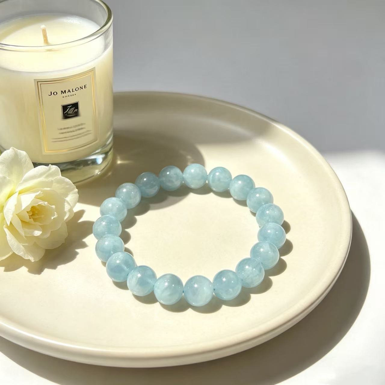 Sky Blue Aquamarine Beaded Bracelet | Natural Crystal | Soft Milky Texture