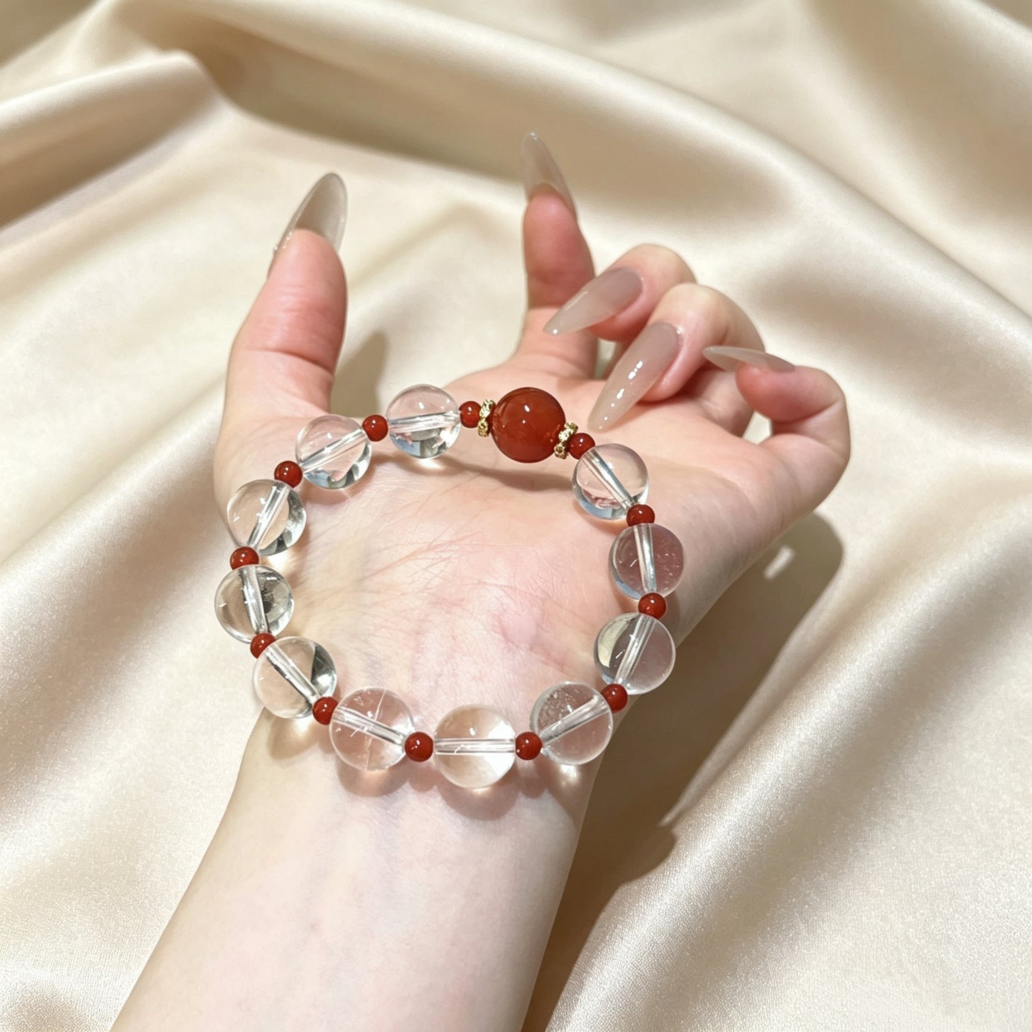 Natural Clear Quartz & Red Agate Crystal Bracelet