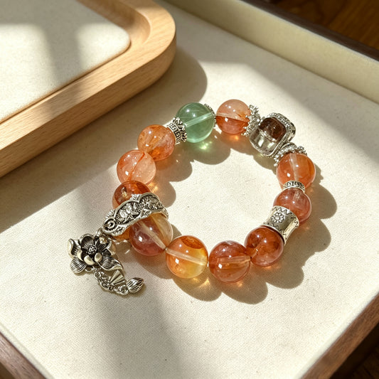 Natural Red Hematoid Quartz, Fluorite & Phantom Quartz Beaded Bracelet with 925 Sterling Silver Charm