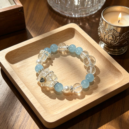Natural Aquamarine & Clear Quartz Teddy Bear Crystal Bracelet