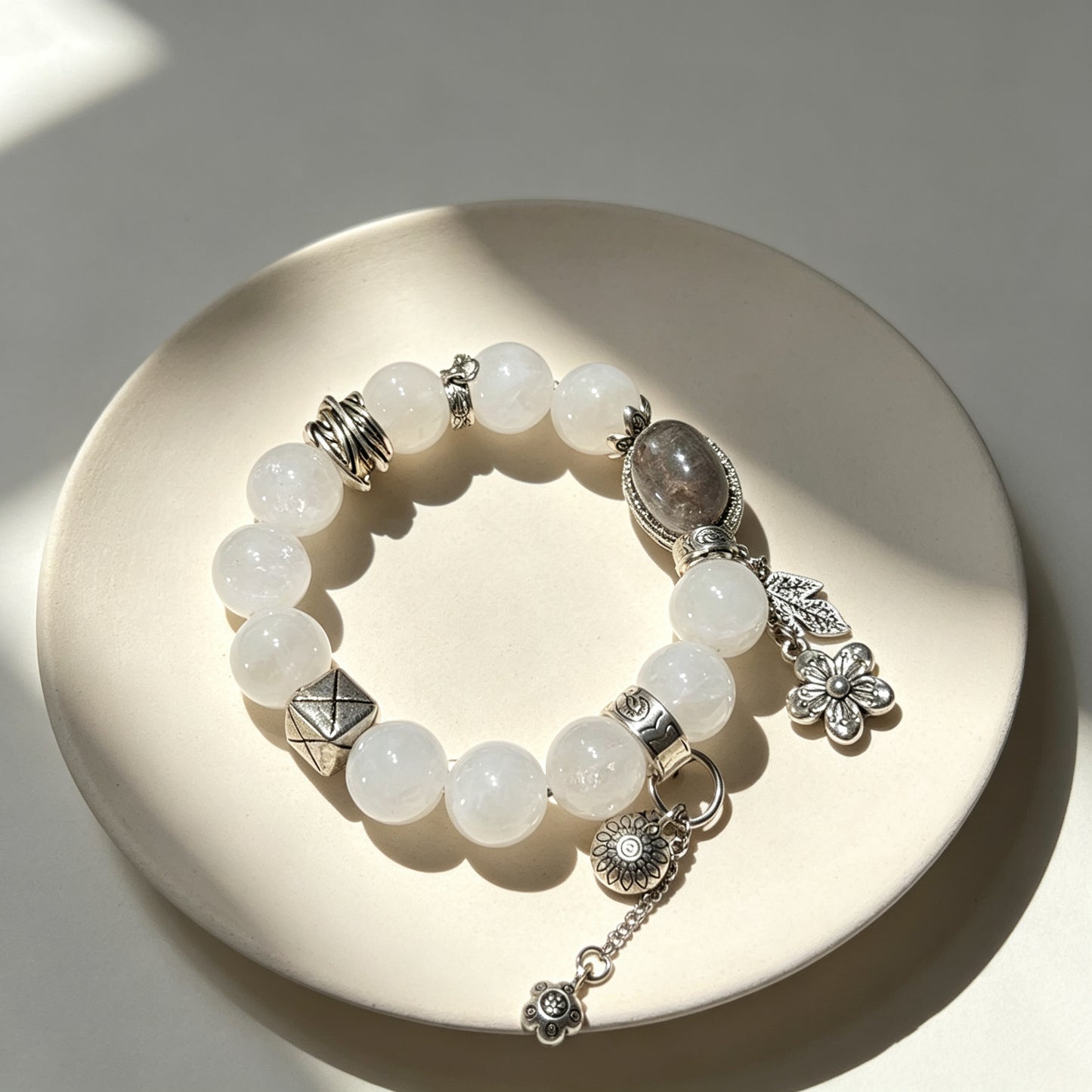 Natural White Phantom Quartz Bracelet with Smoky Quartz & Silver Charms