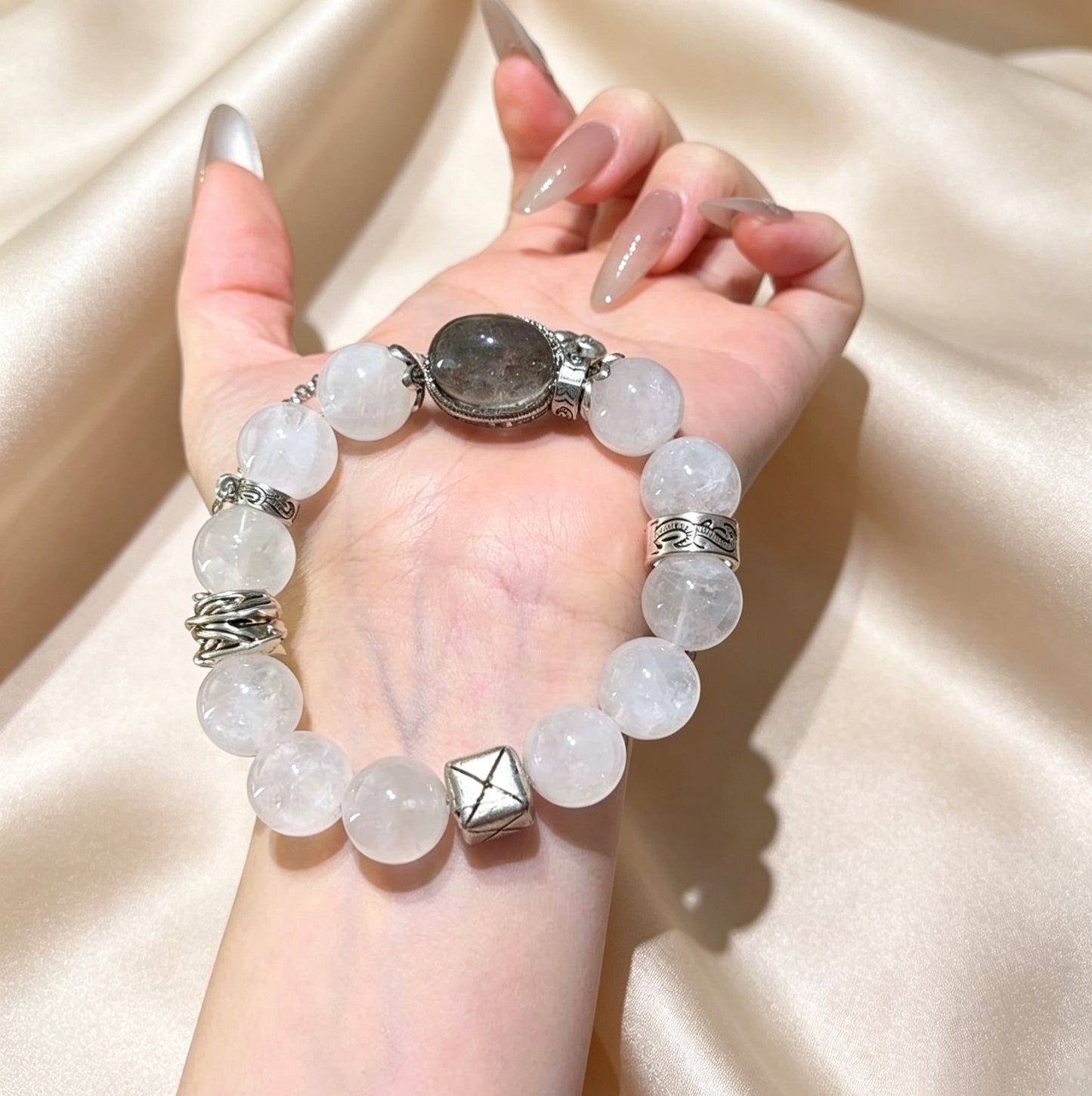 Natural White Phantom Quartz Bracelet with Smoky Quartz & Silver Charms