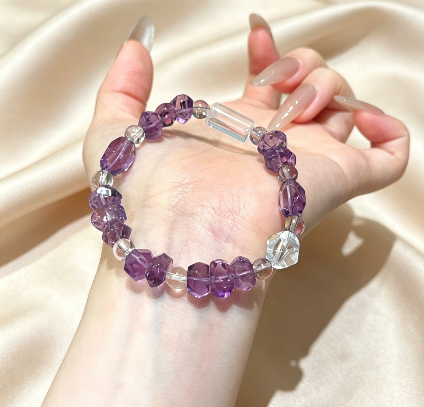 Natural Faceted Amethyst & Clear Quartz Crystal Bracelet