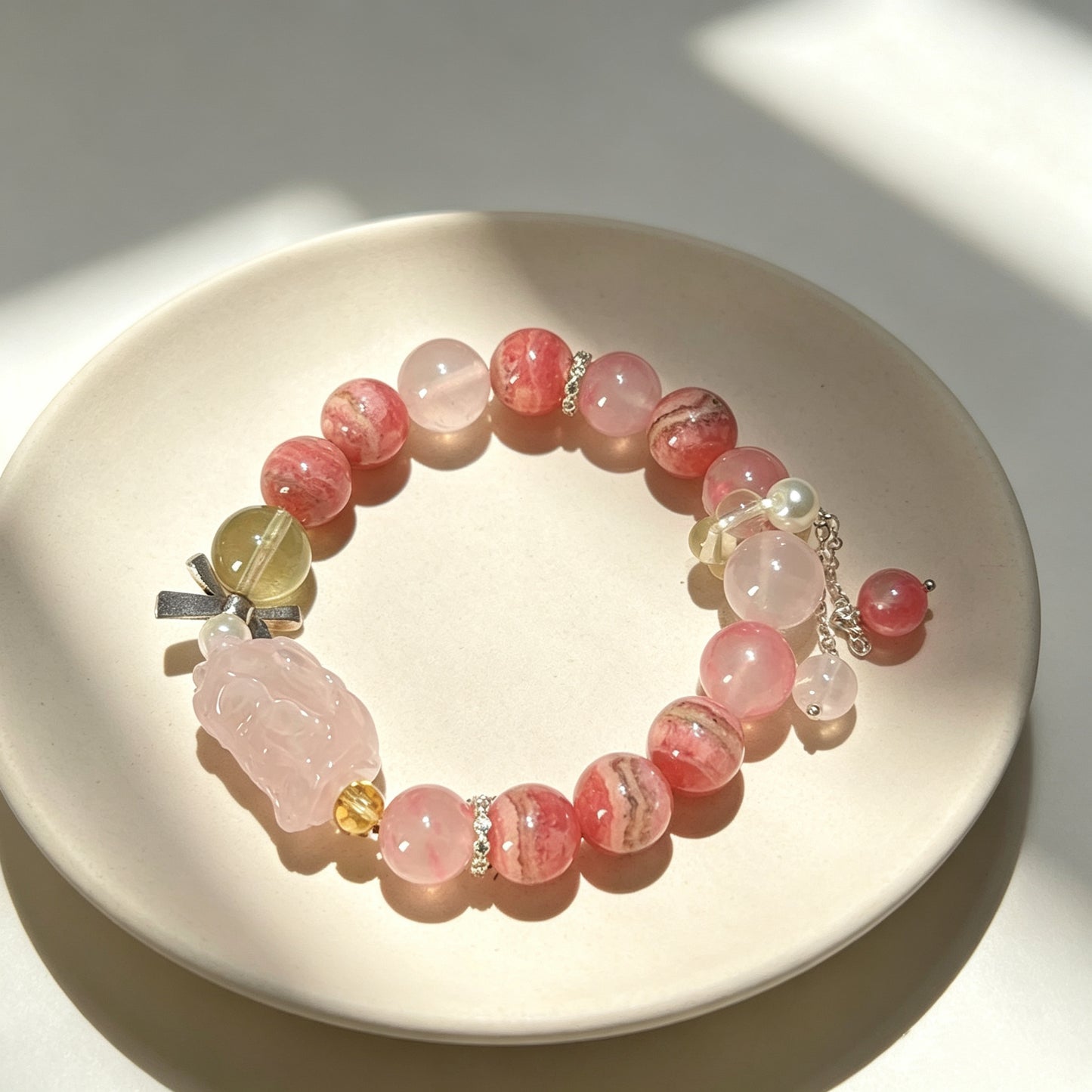 Natural Rhodochrosite, Rhodonite & Rose Quartz Crystal Bracelet with Fox Charm