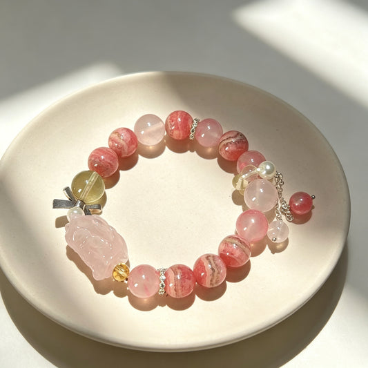 Natural Rhodochrosite, Rhodonite & Rose Quartz Crystal Bracelet with Fox Charm