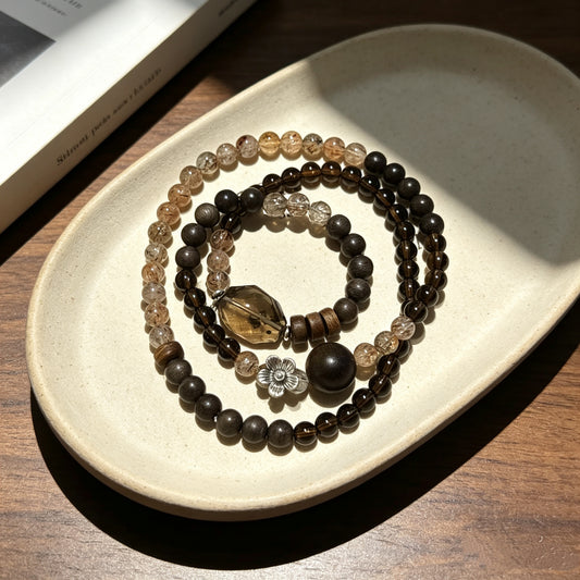 Natural Smoky Quartz, Super Seven & Agarwood Beaded Bracelet
