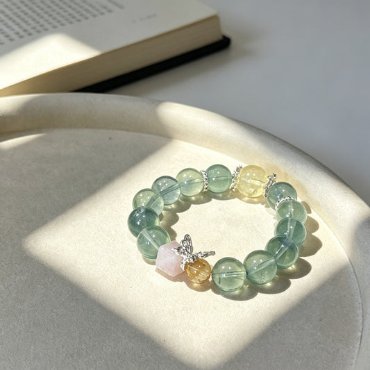 Natural Green Fluorite, Citrine & Rose Quartz Crystal Bracelet with Butterfly Charm