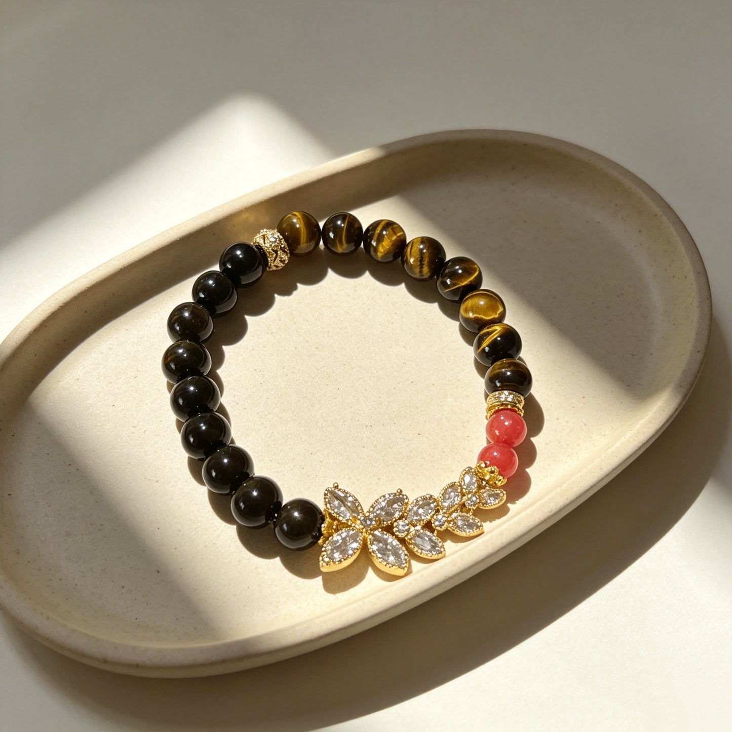 Natural Tiger's Eye, Silver Obsidian & Rhodonite Crystal Bracelet with Butterfly Charm