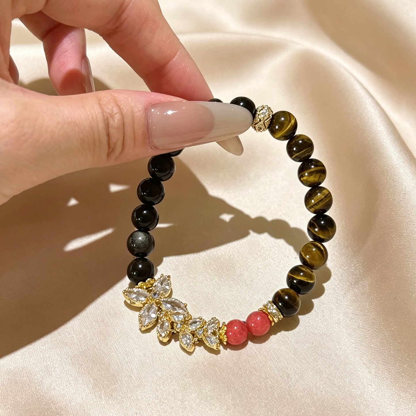 Natural Tiger's Eye, Silver Obsidian & Rhodonite Crystal Bracelet with Butterfly Charm