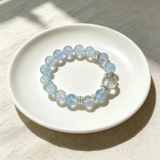 Natural High Ice Aquamarine Beaded Bracelet with 925 Sterling Silver Charm