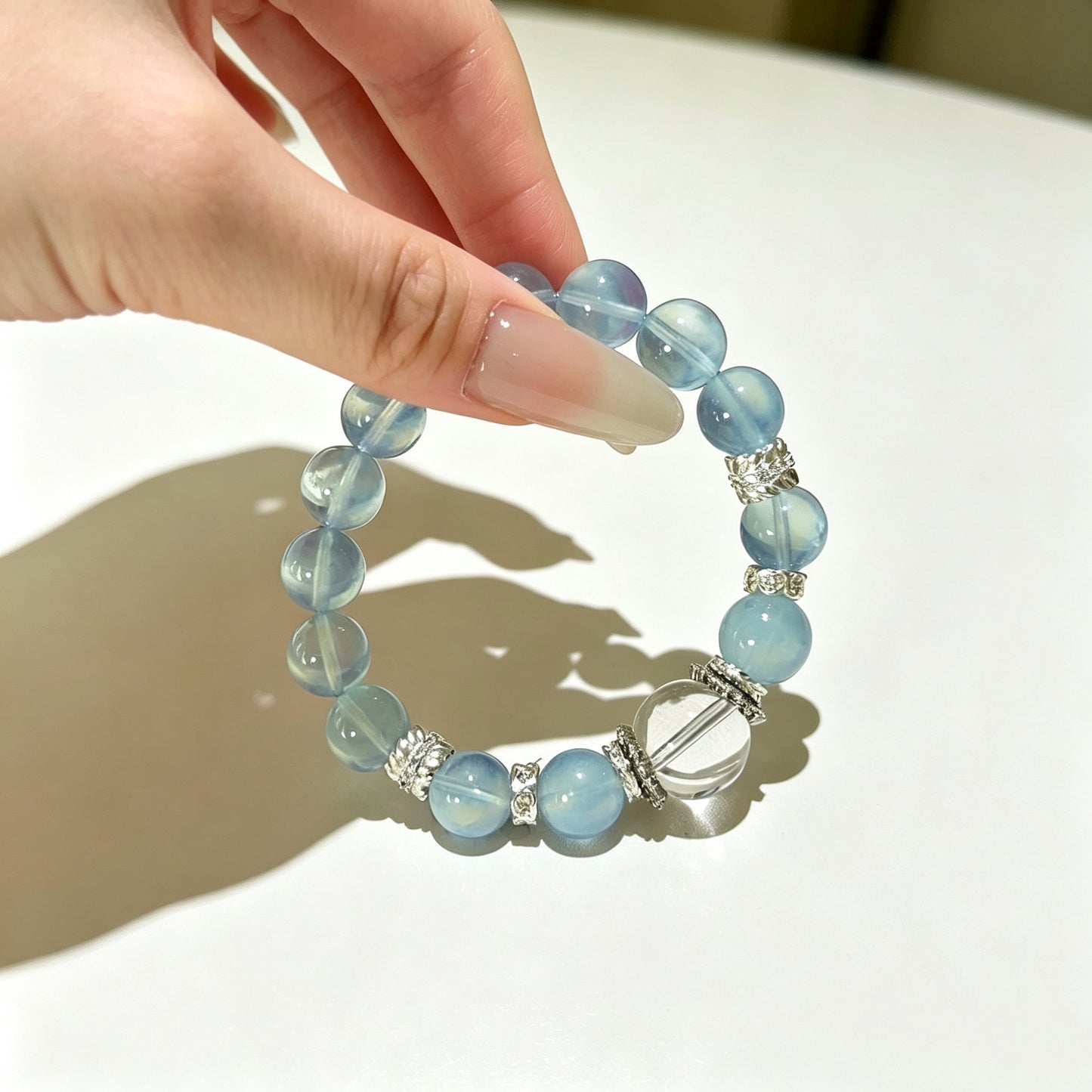 Natural High Ice Aquamarine Beaded Bracelet with 925 Sterling Silver Charm
