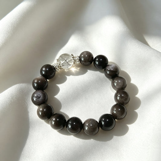 Natural Silver Obsidian & Black Rutilated Quartz Beaded Bracelet with 925 Sterling Silver Charm