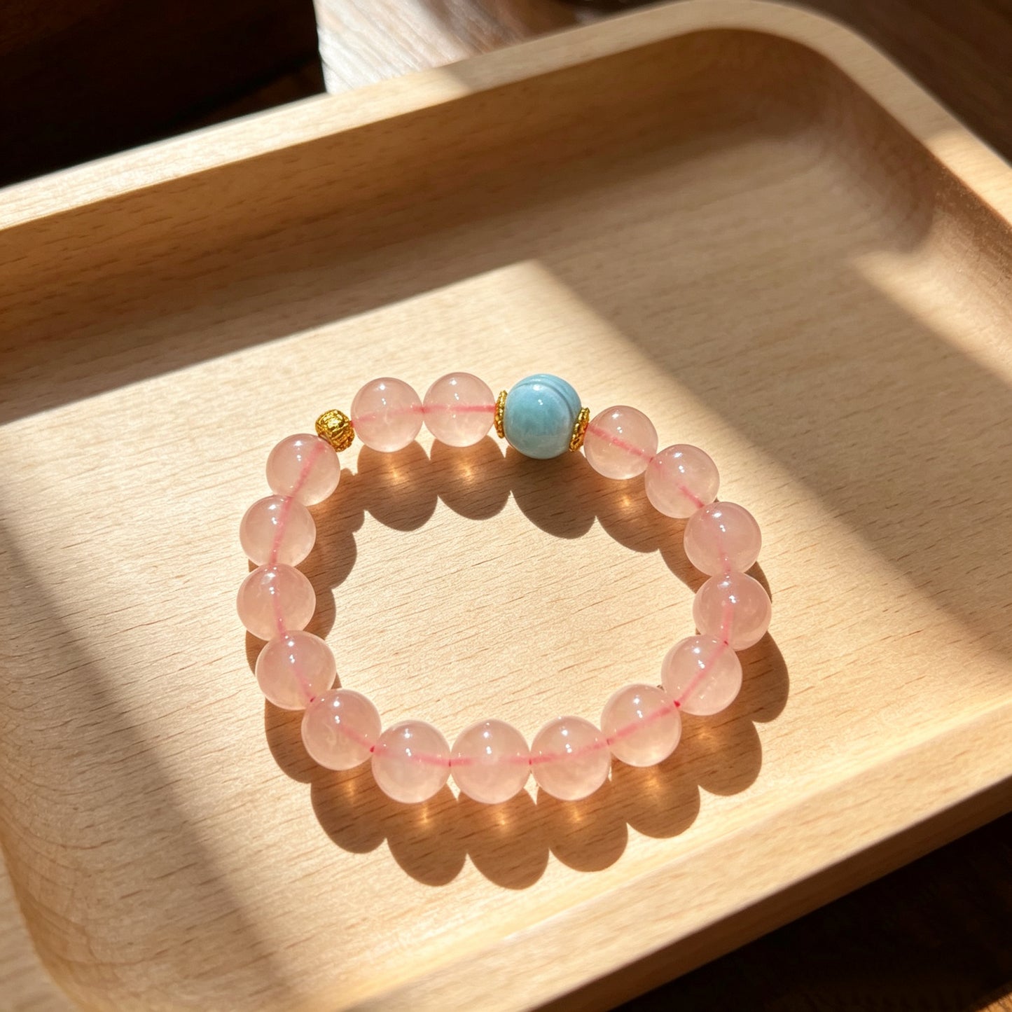 Natural Rose Quartz & Larimar Beaded Bracelet with 14K Gold Filled Charm