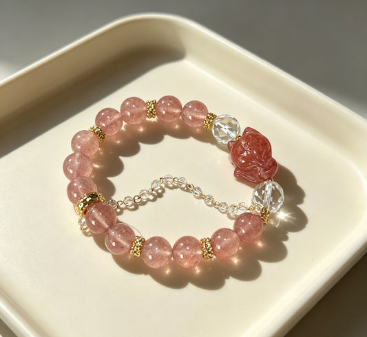 Natural Strawberry Quartz Fox Charm Beaded Bracelet with 14K Gold Filled Accents