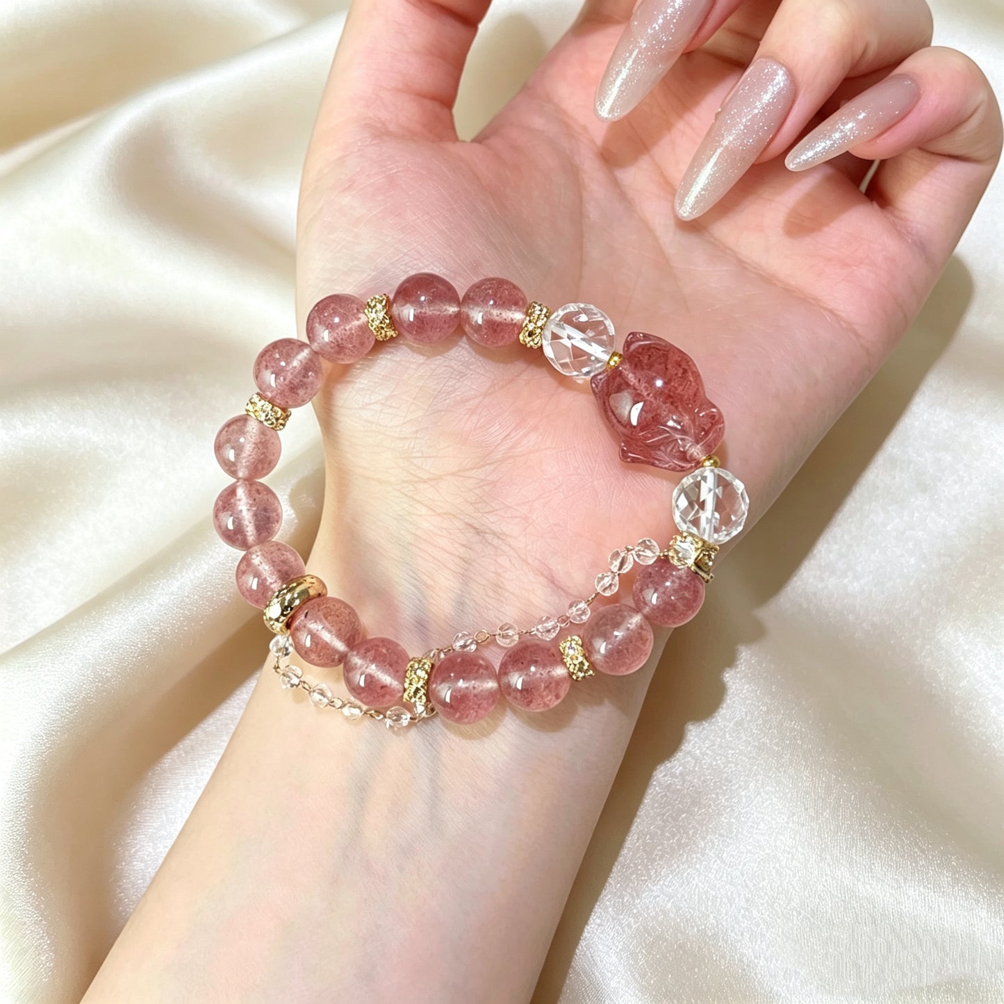 Natural Strawberry Quartz Fox Charm Beaded Bracelet with 14K Gold Filled Accents