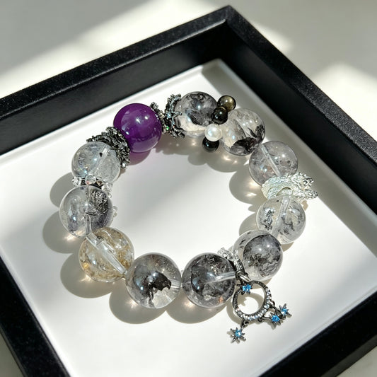 Natural Black Phantom & Amethyst Gothic Beaded Bracelet with 925 Sterling Silver Charm