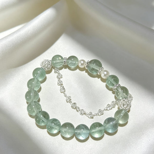 Natural Green Fluorite & Freshwater Pearl Beaded Bracelet with 925 Sterling Silver Charm