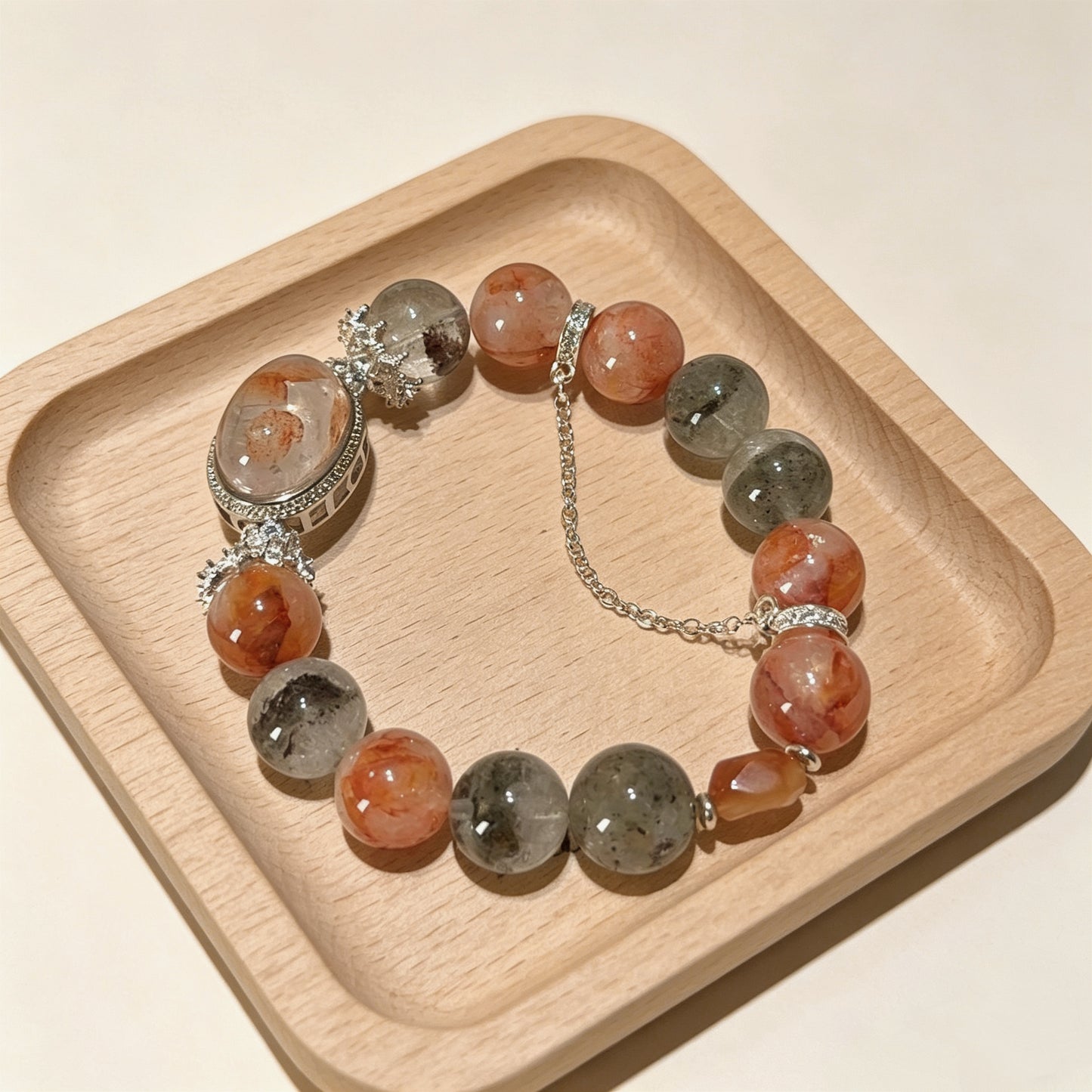 Red Hematoid Quartz & Green Phantom Beaded Bracelet with 925 Sterling Silver Charm