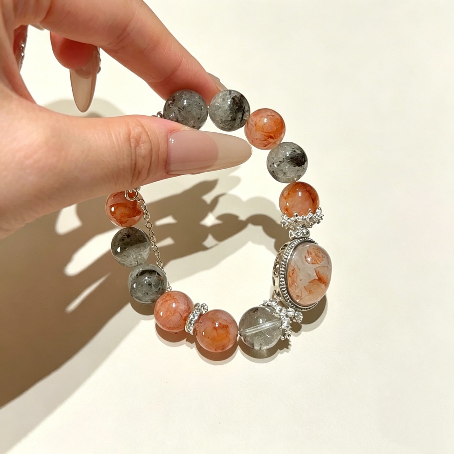 Red Hematoid Quartz & Green Phantom Beaded Bracelet with 925 Sterling Silver Charm
