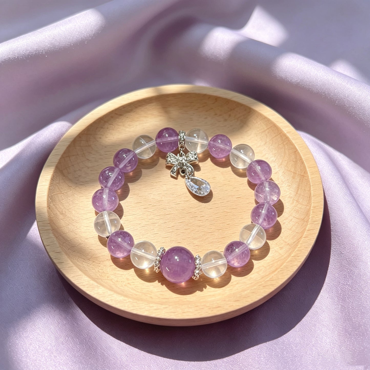 Amethyst & Clear Quartz Beaded Bracelet | 925 Sterling Silver Bow Charm | Crystal Jewelry