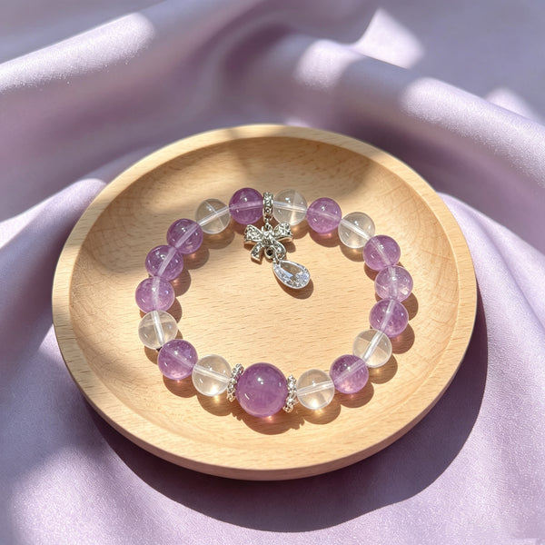 Amethyst & Clear Quartz Beaded Bracelet | 925 Sterling Silver Bow Charm | Crystal Jewelry