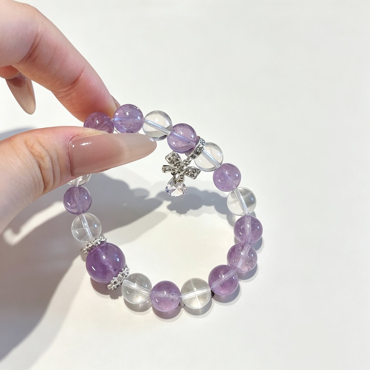 Amethyst & Clear Quartz Beaded Bracelet | 925 Sterling Silver Bow Charm | Crystal Jewelry
