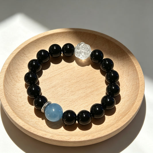Natural Obsidian, Aquamarine & Clear Quartz Beaded Bracelet with Lion Charm