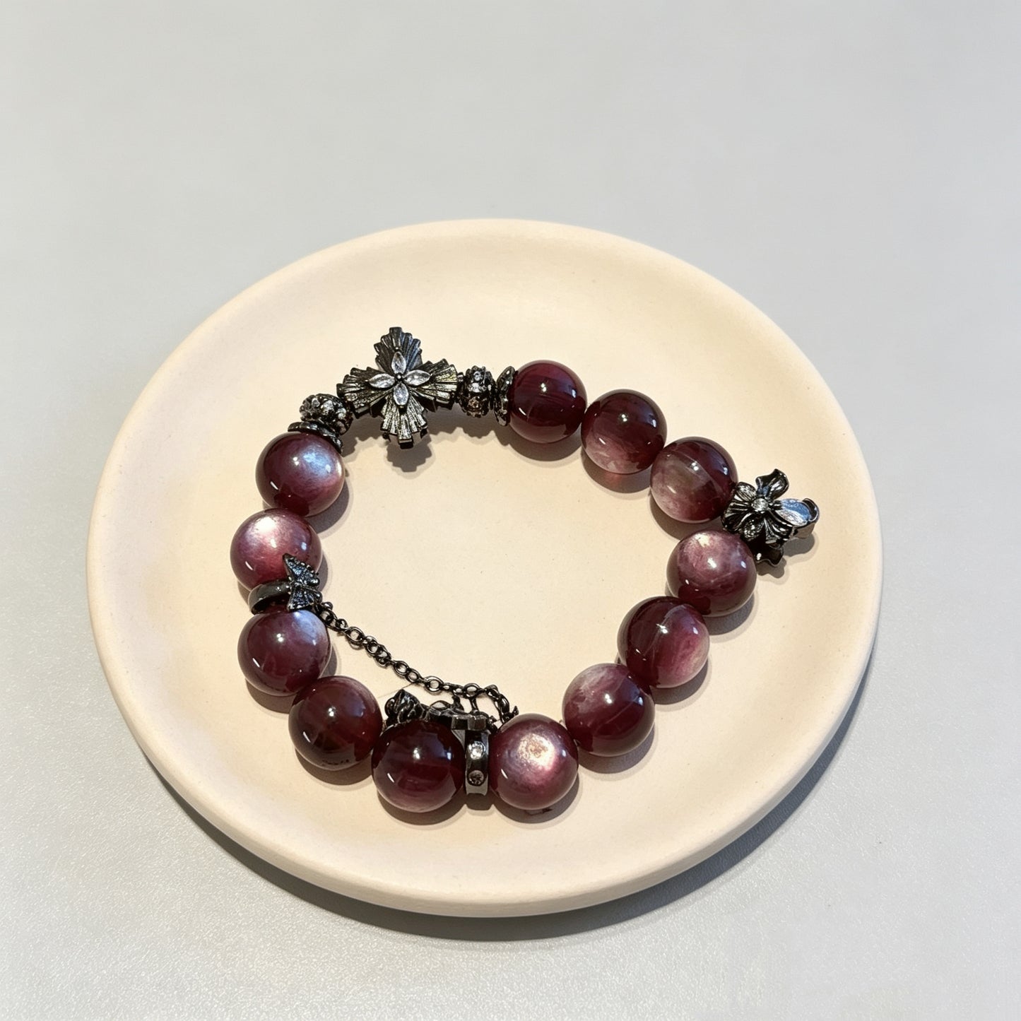 Natural Purple Lepidolite Beaded Bracelet with Gothic 925 Sterling Silver Charm