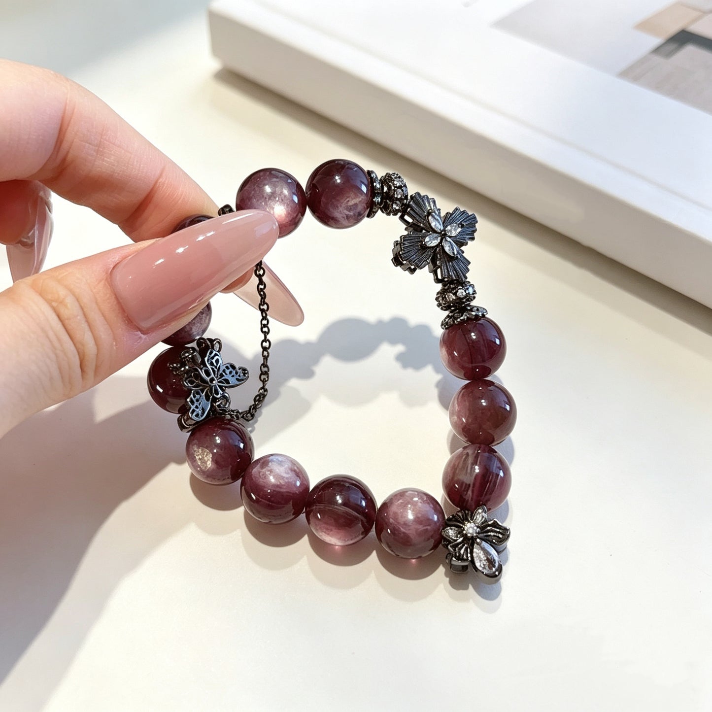 Natural Purple Lepidolite Beaded Bracelet with Gothic 925 Sterling Silver Charm
