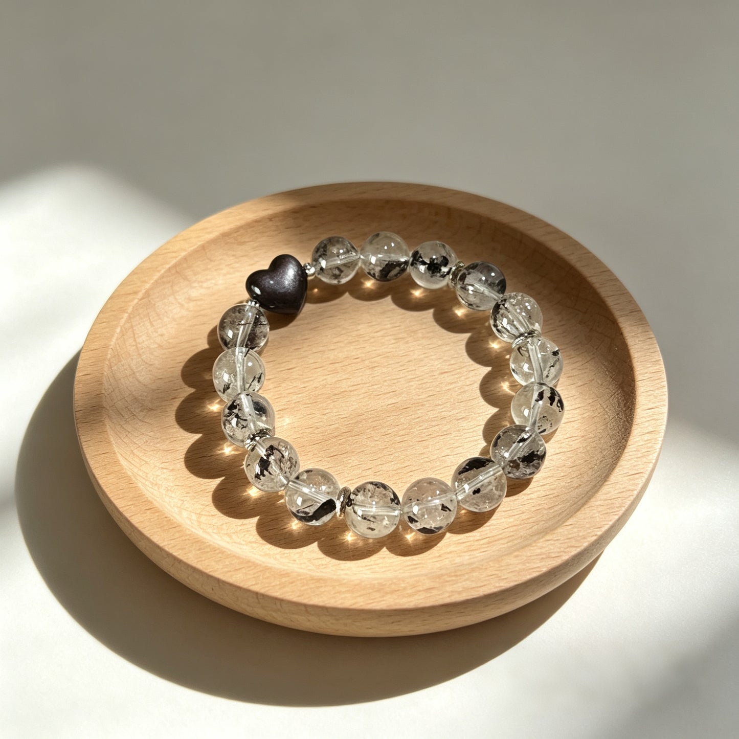 Natural Herkimer Diamond & Silver Obsidian Heart Beaded Bracelet | Healing Crystal Jewelry for Protection & Positive Energy