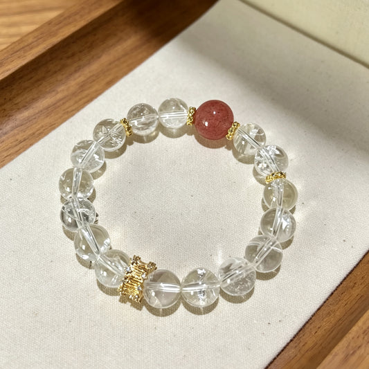 Natural Clear Azeztulite & Strawberry Quartz Beaded Bracelet, Gold Accent Love Healing Crystal Jewelry
