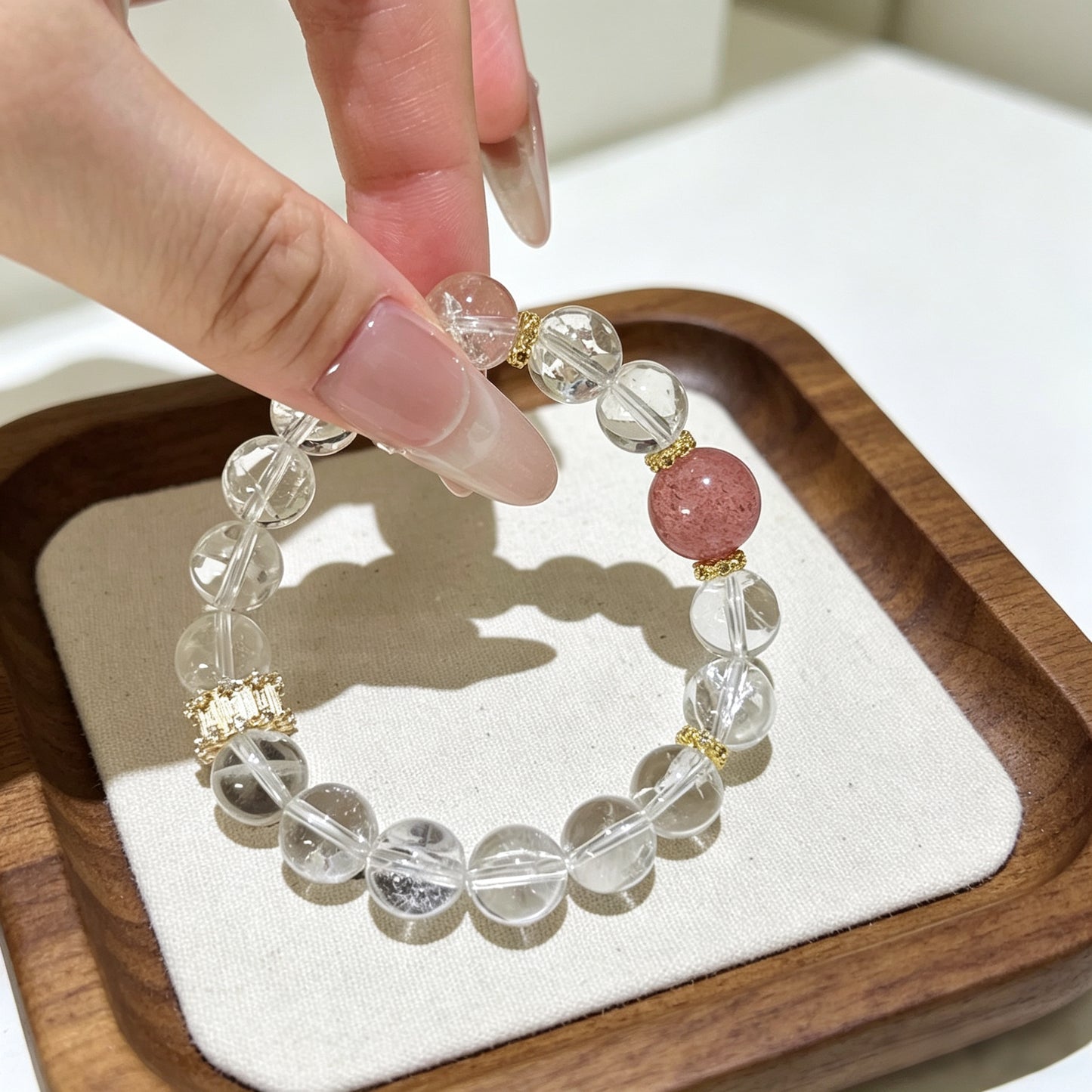 Natural Clear Azeztulite & Strawberry Quartz Beaded Bracelet, Gold Accent Love Healing Crystal Jewelry