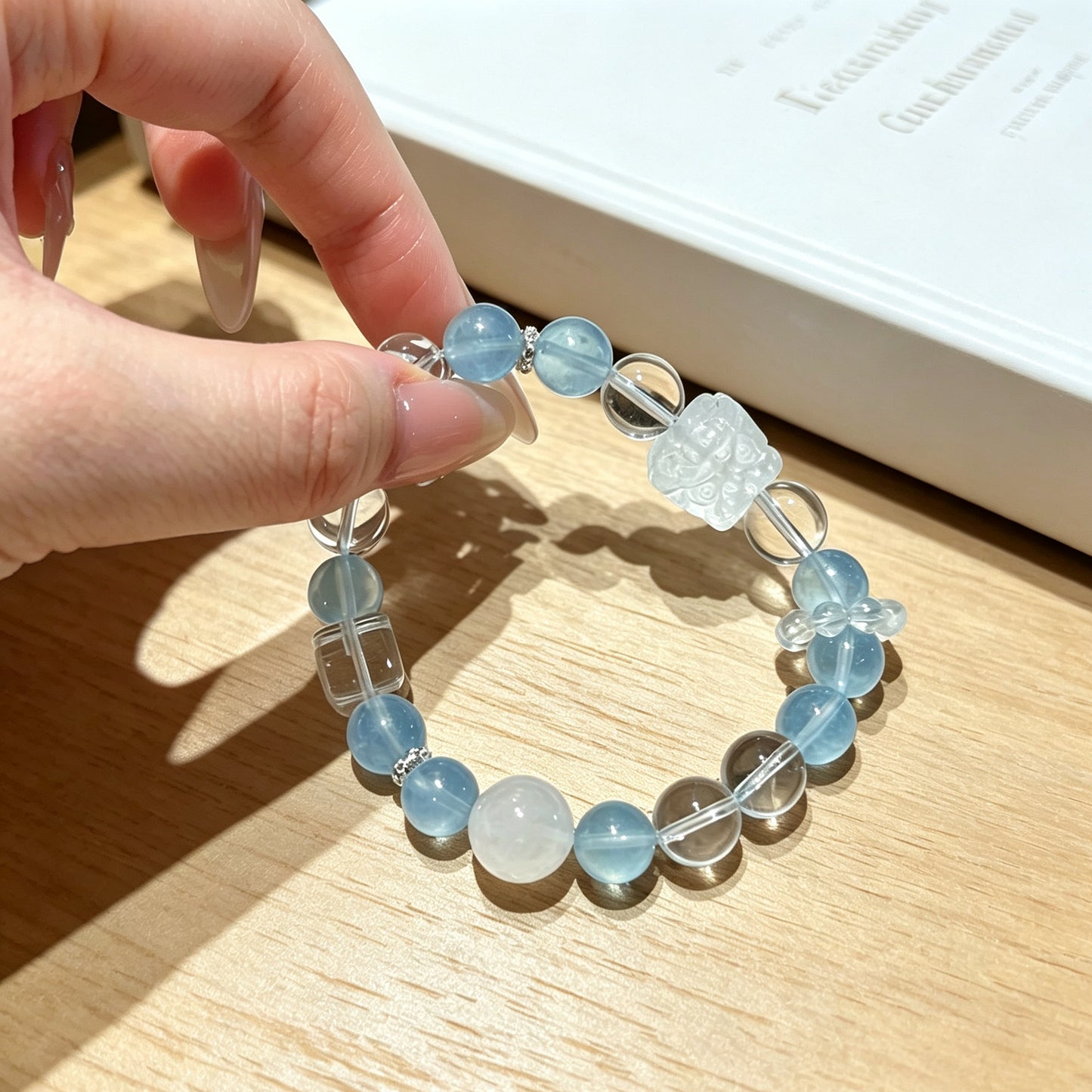 Natural Aquamarine & White Phantom Quartz Lion Charm Beaded Bracelet, Premium Healing Crystal Jewelry for Courage & Clarity