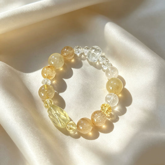 Natural Rutilated Quartz, Citrine & White Phantom Beaded Bracelet, Abundance Wealth Healing Crystal Jewelry for Success & Growth